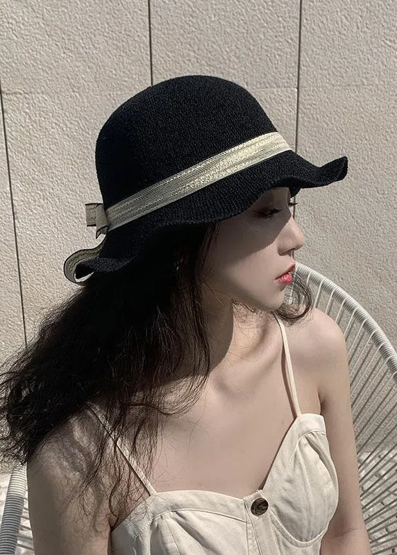 DIY Black Bow Patchwork Straw Woven Bucket Hat LC0548