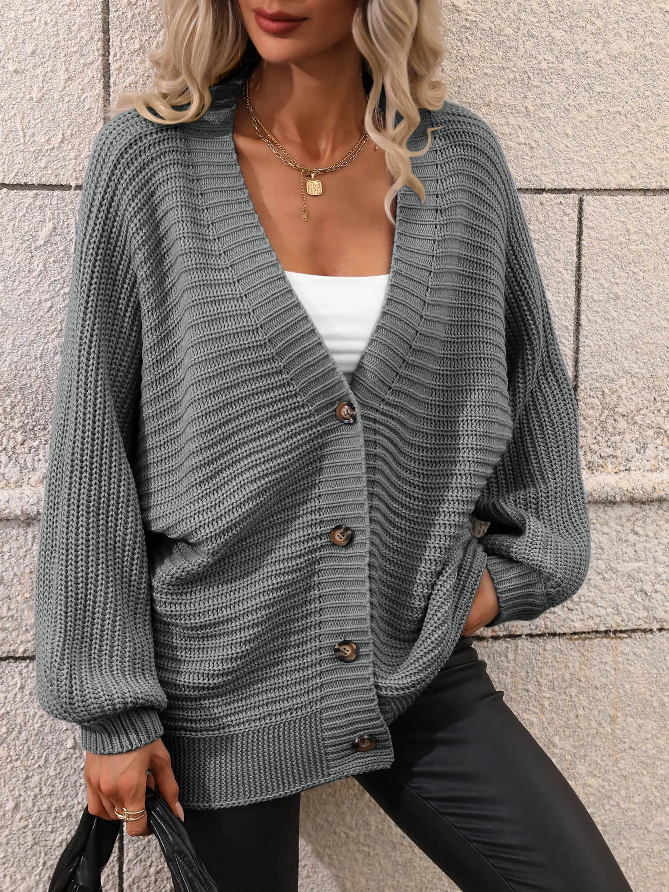 Double Take Button Down Horizontal-Ribbing Longline Cardigan