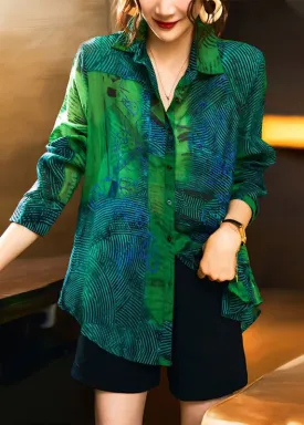 Fashion Green Peter Pan Collar Print Patchwork Cotton Shirts Long Sleeve LY3818