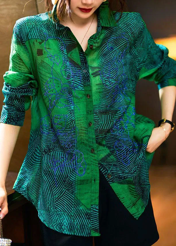 Fashion Green Peter Pan Collar Print Patchwork Cotton Shirts Long Sleeve LY3818