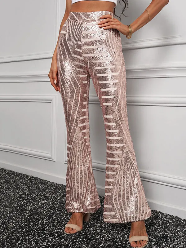 Flared Pants High Waisted Contrast Color Striped Sequined Pants