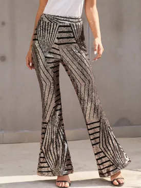 Flared Pants High Waisted Contrast Color Striped Sequined Pants