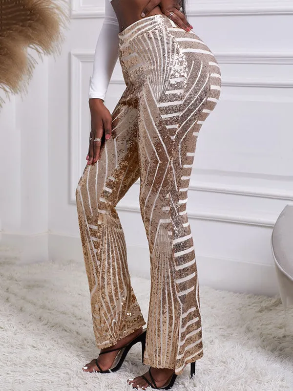 Flared Pants High Waisted Contrast Color Striped Sequined Pants