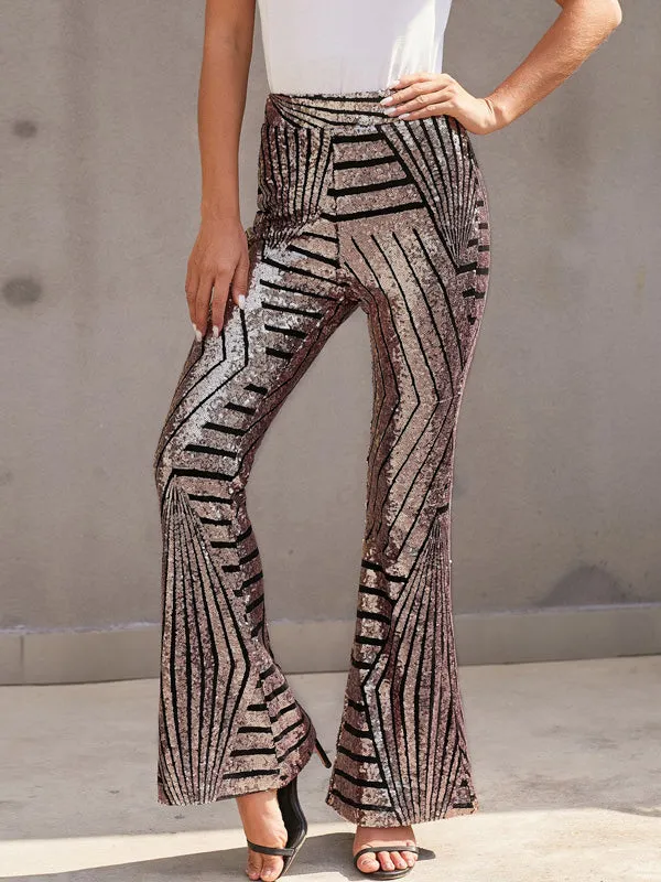 Flared Pants High Waisted Contrast Color Striped Sequined Pants