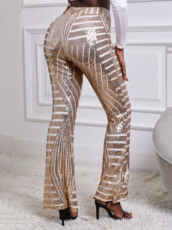 Flared Pants High Waisted Contrast Color Striped Sequined Pants