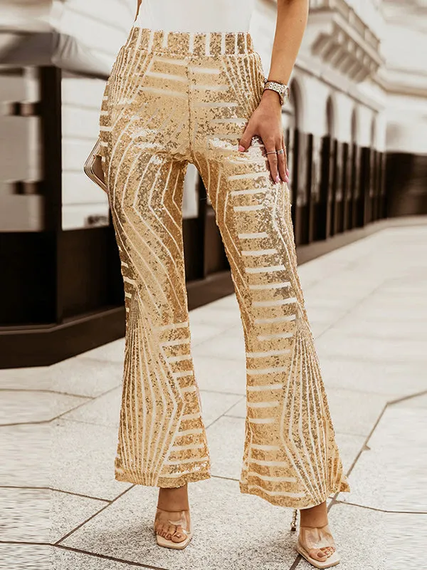 Flared Pants High Waisted Contrast Color Striped Sequined Pants