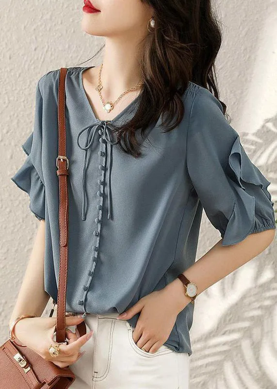 French Blue V Neck Ruffled Patchwork Shirts Short Sleeve TR022