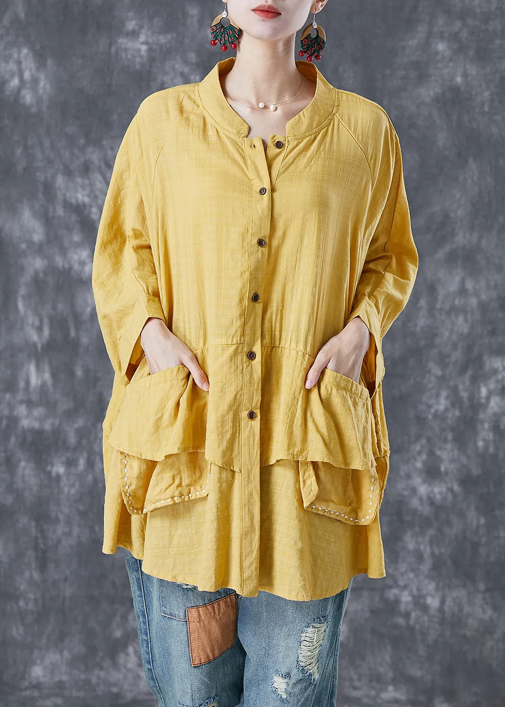 French Yellow Oversized Patchwork Linen Shirts Batwing Sleeve TA1049