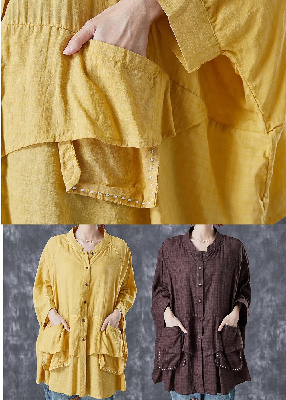 French Yellow Oversized Patchwork Linen Shirts Batwing Sleeve TA1049