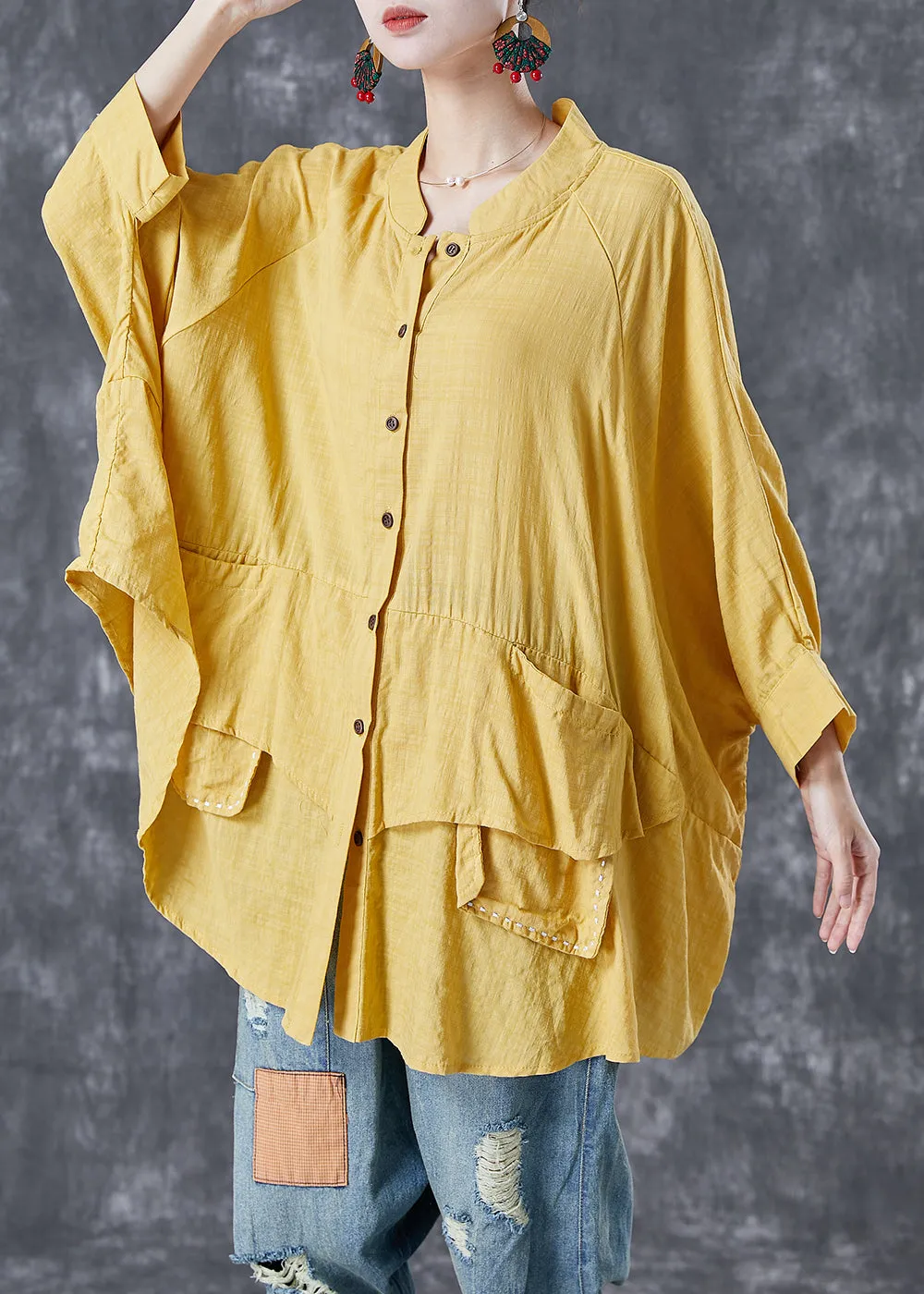 French Yellow Oversized Patchwork Linen Shirts Batwing Sleeve TA1049