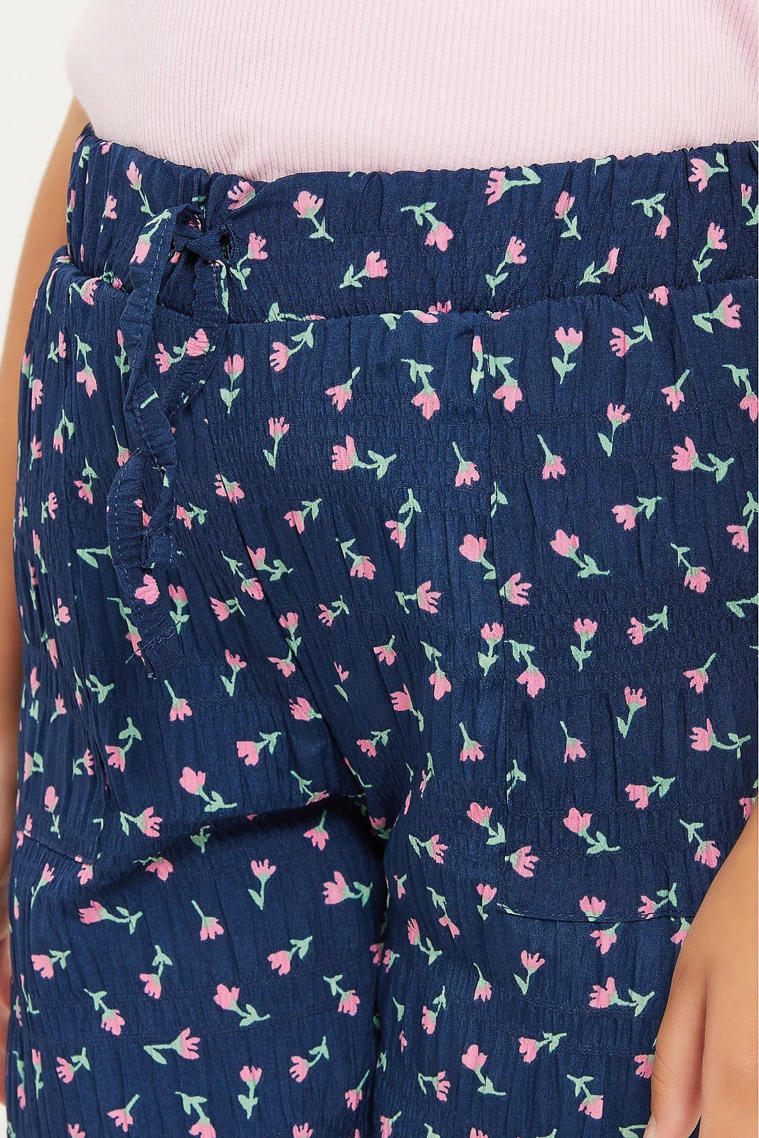 Girls Navy Printed Crinkled Trouser