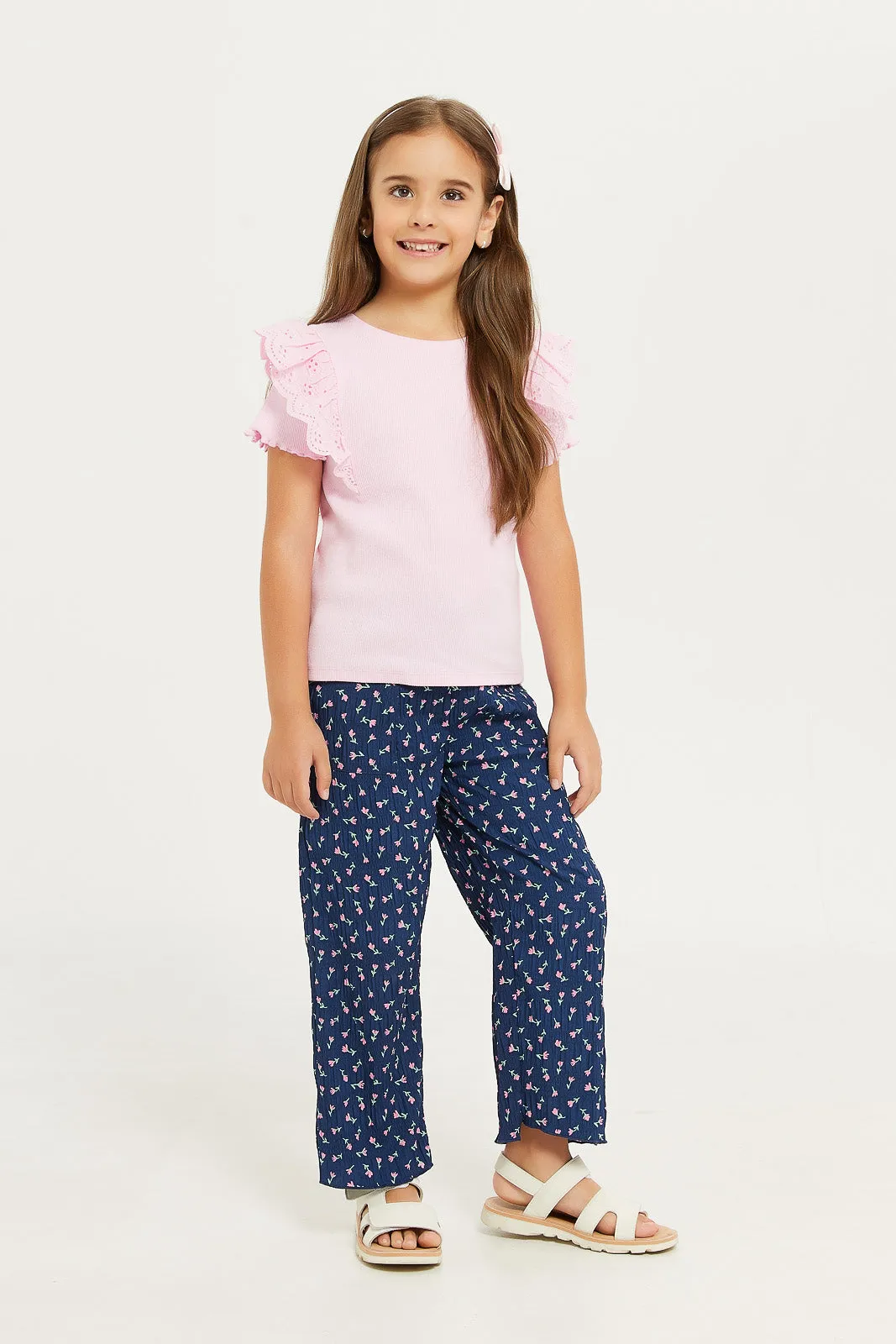 Girls Navy Printed Crinkled Trouser