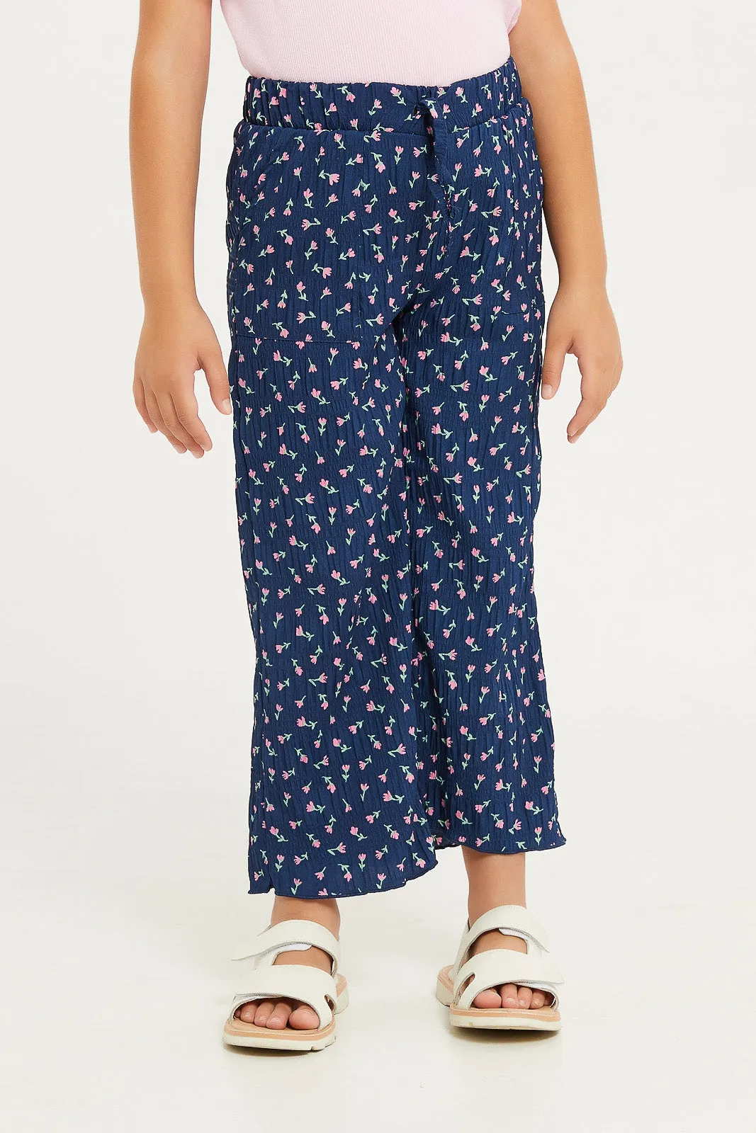 Girls Navy Printed Crinkled Trouser