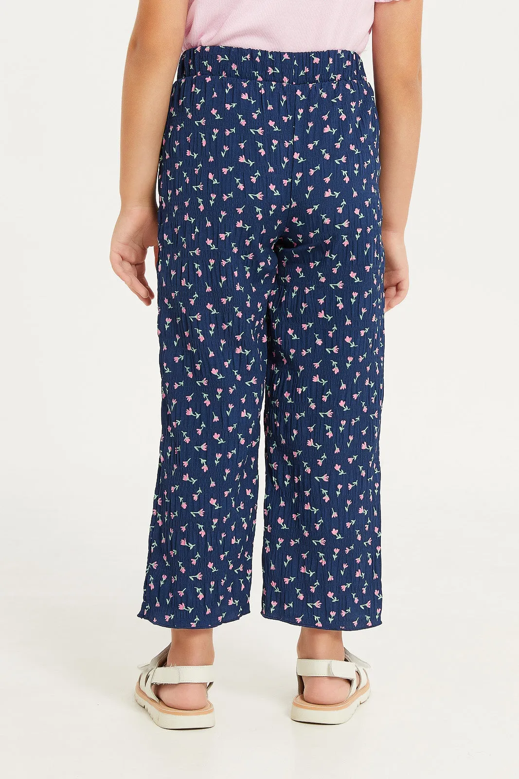 Girls Navy Printed Crinkled Trouser