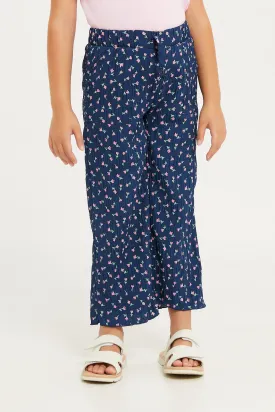 Girls Navy Printed Crinkled Trouser