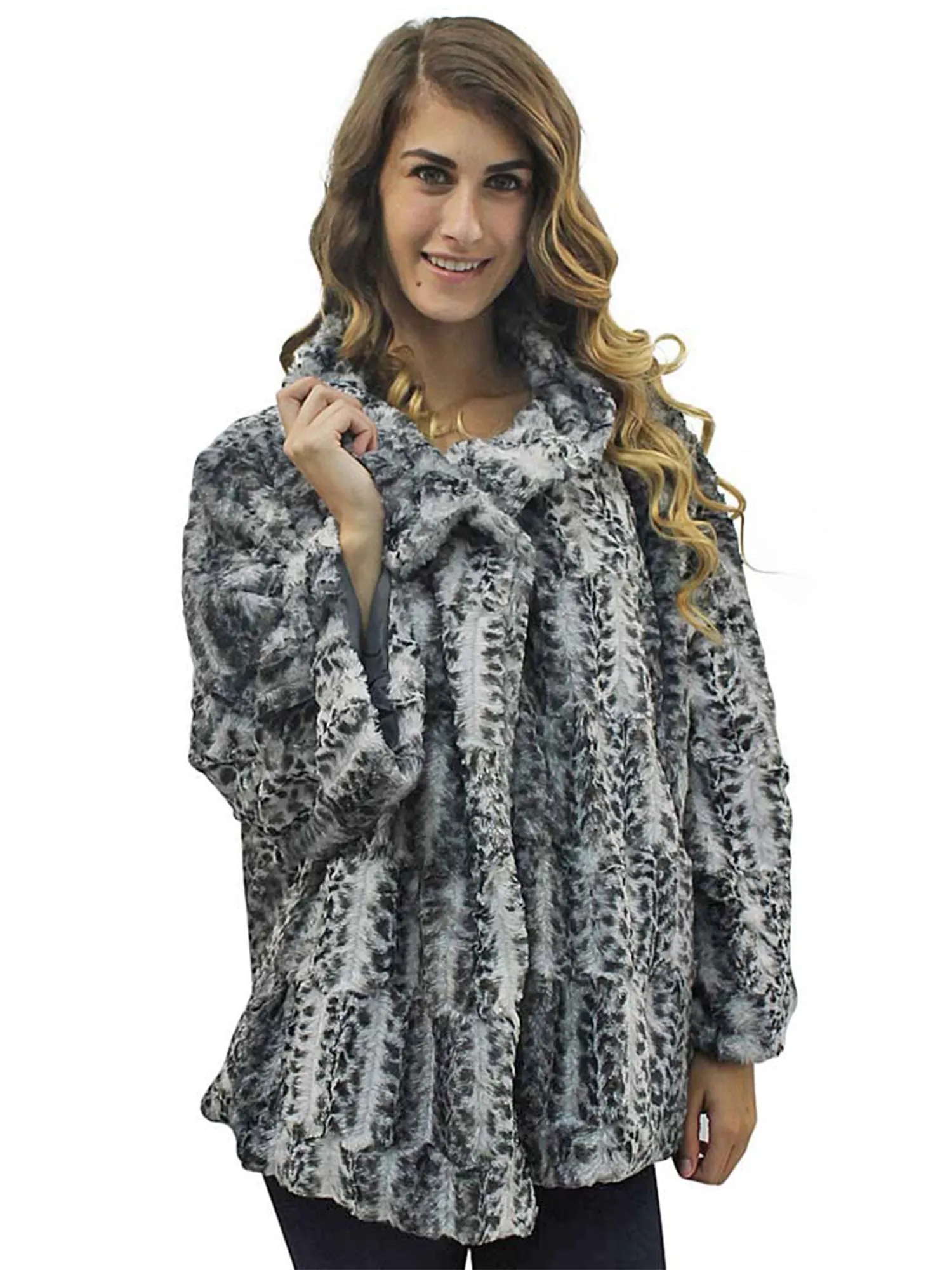 Gray Faux Fur Plush Leopard Womens Coat