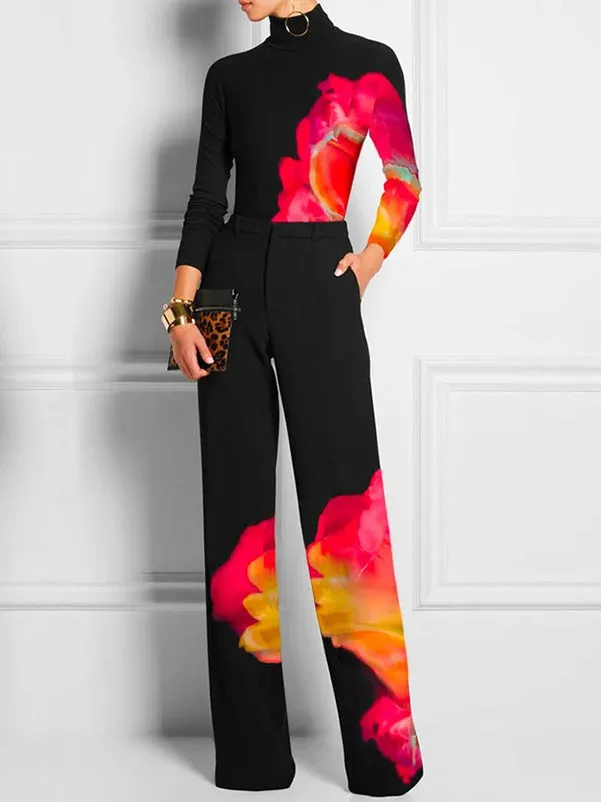 High Waisted Loose Contrast Color Printed Pants Trousers