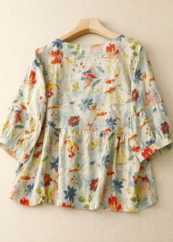 Italian Floral Wrinkled Button Patchwork Linen T Shirts Summer LY7281