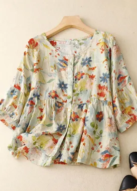 Italian Floral Wrinkled Button Patchwork Linen T Shirts Summer LY7281