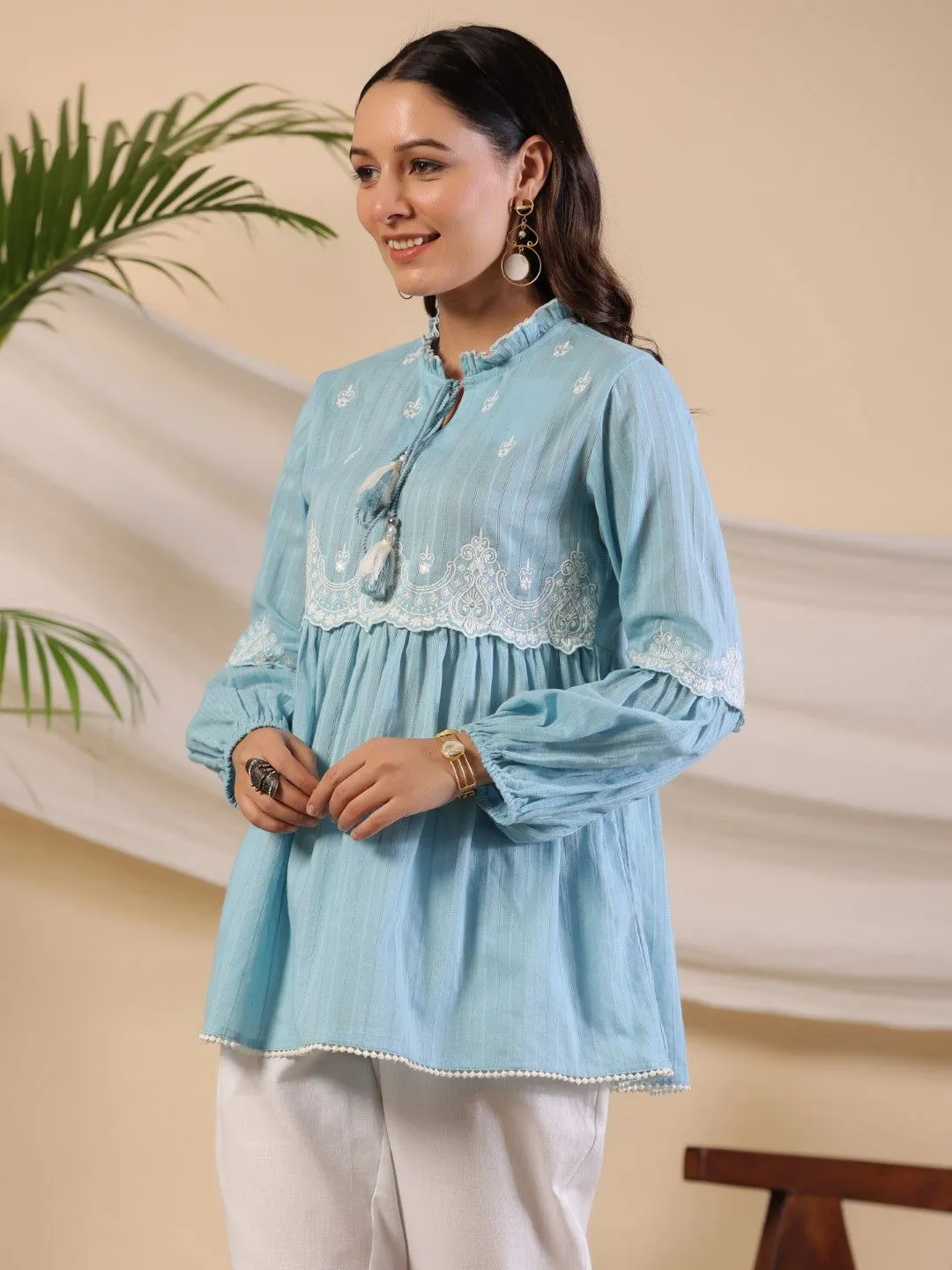 Jashvi Blue Ethnic motif Cotton Dobby Tunic with the thread embroidery