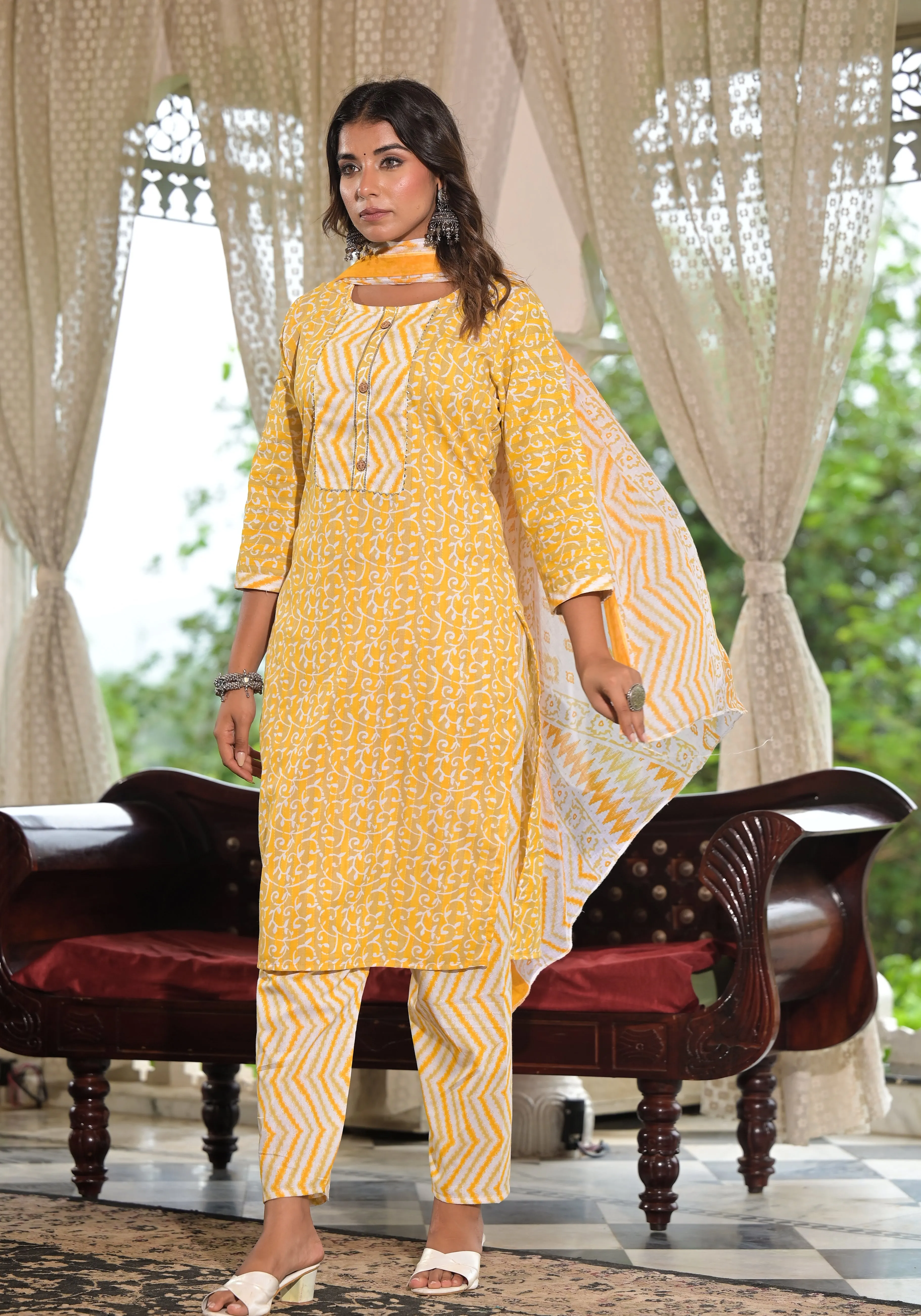 Jashvi Mustard Ethnic Motif Printed Cotton Kurta, Pant And Dupatta Set With Lace & Buttons