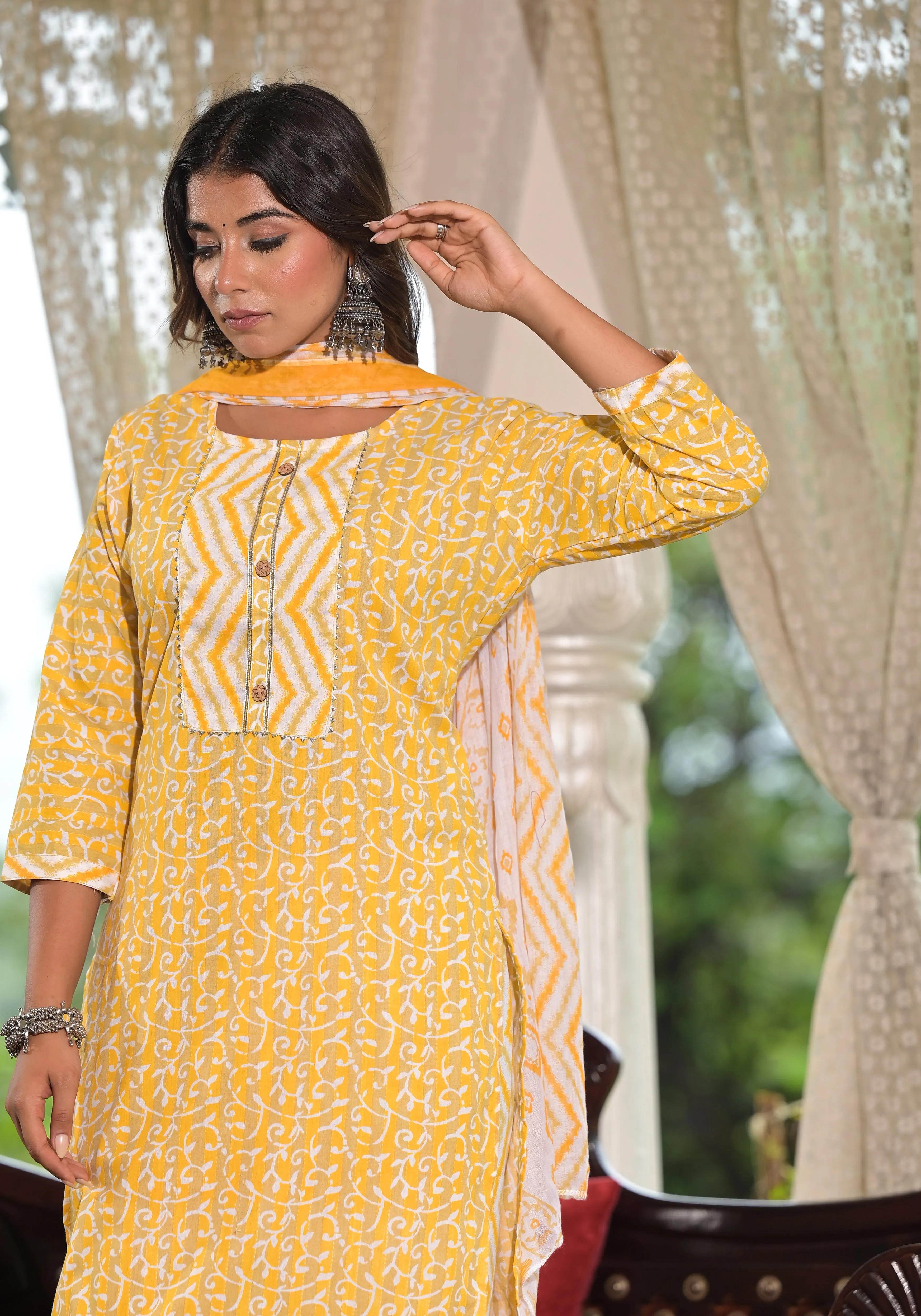 Jashvi Mustard Ethnic Motif Printed Cotton Kurta, Pant And Dupatta Set With Lace & Buttons