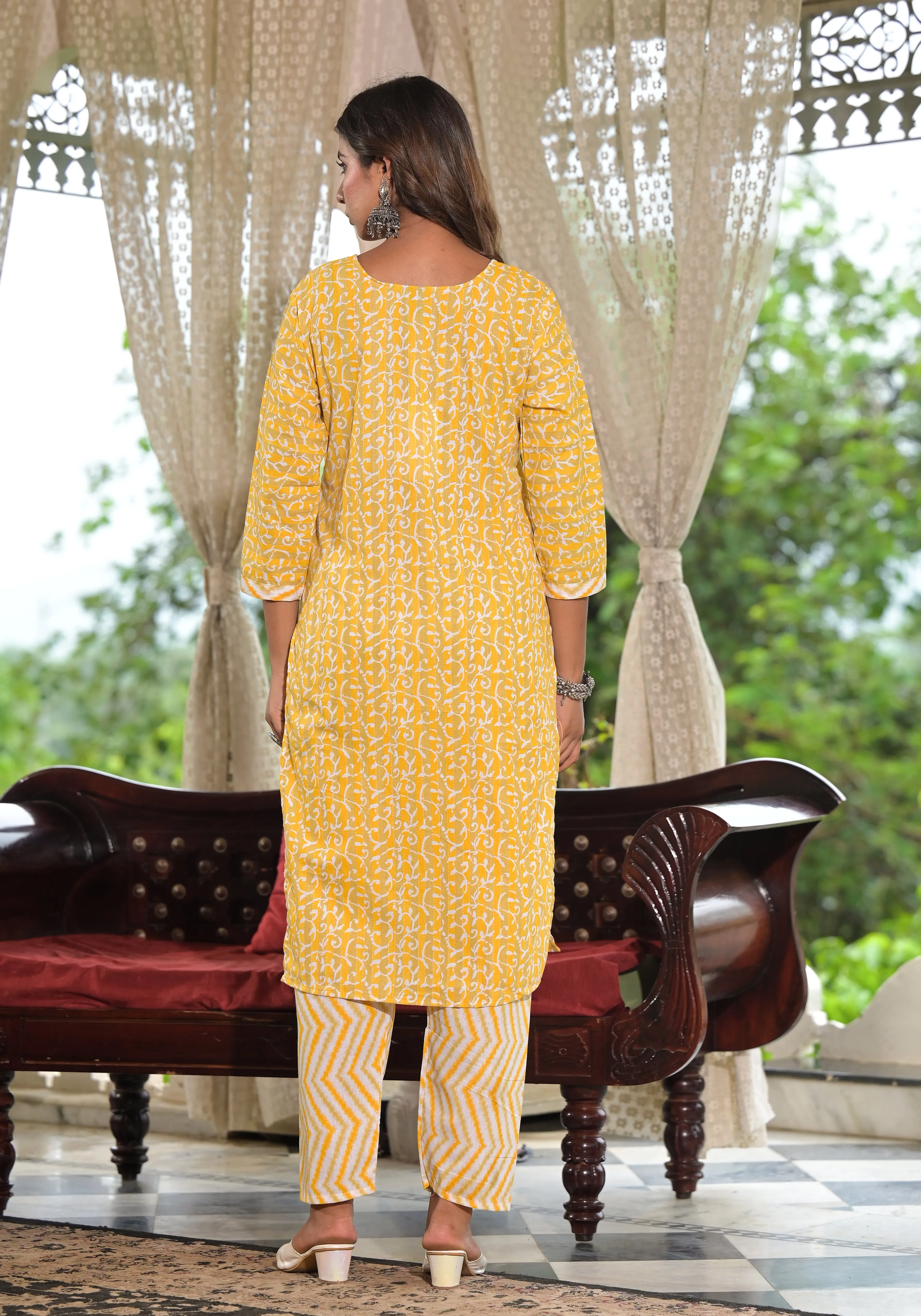 Jashvi Mustard Ethnic Motif Printed Cotton Kurta, Pant And Dupatta Set With Lace & Buttons