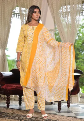 Jashvi Mustard Ethnic Motif Printed Cotton Kurta, Pant And Dupatta Set With Lace & Buttons