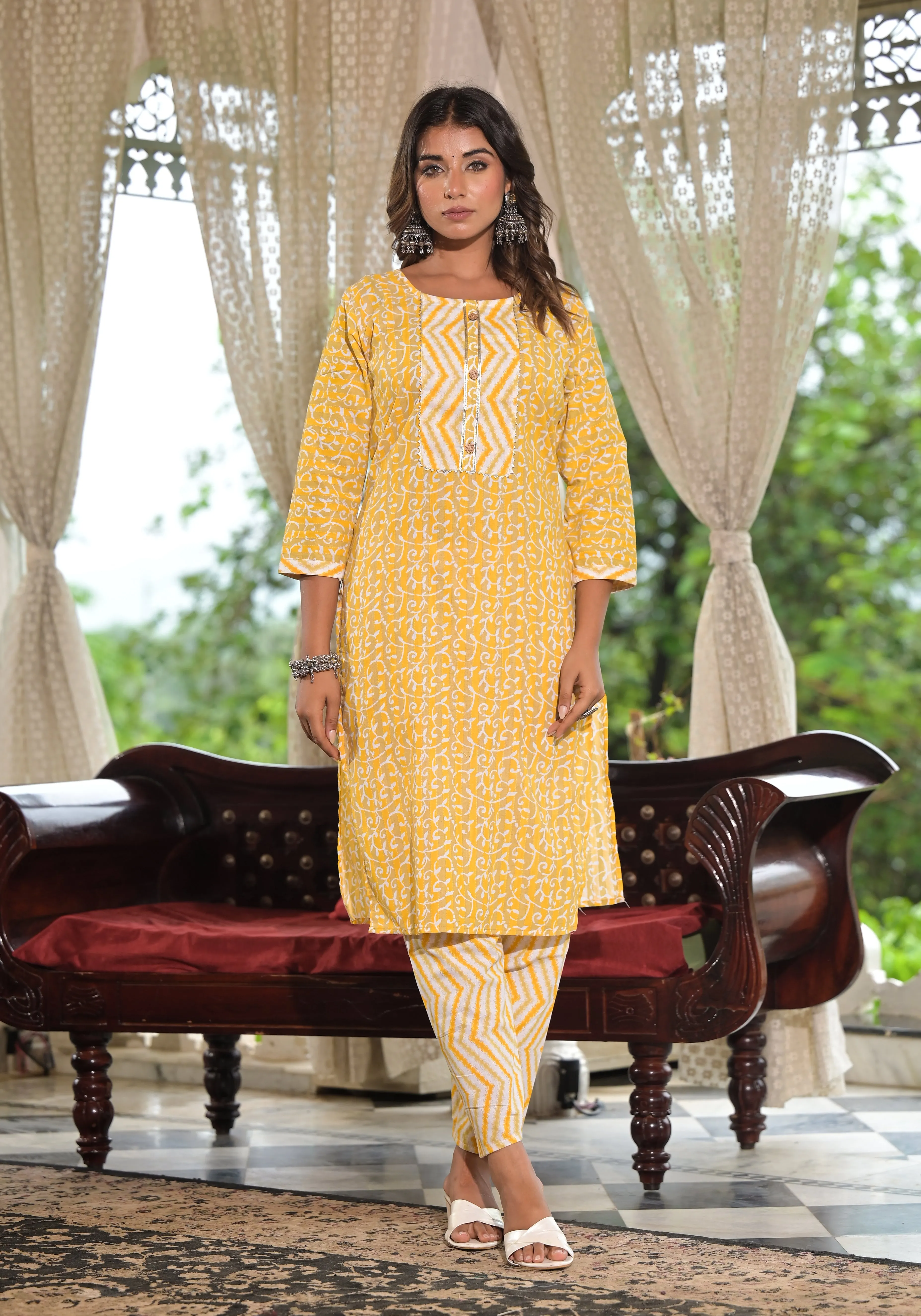 Jashvi Mustard Ethnic Motif Printed Cotton Kurta, Pant And Dupatta Set With Lace & Buttons