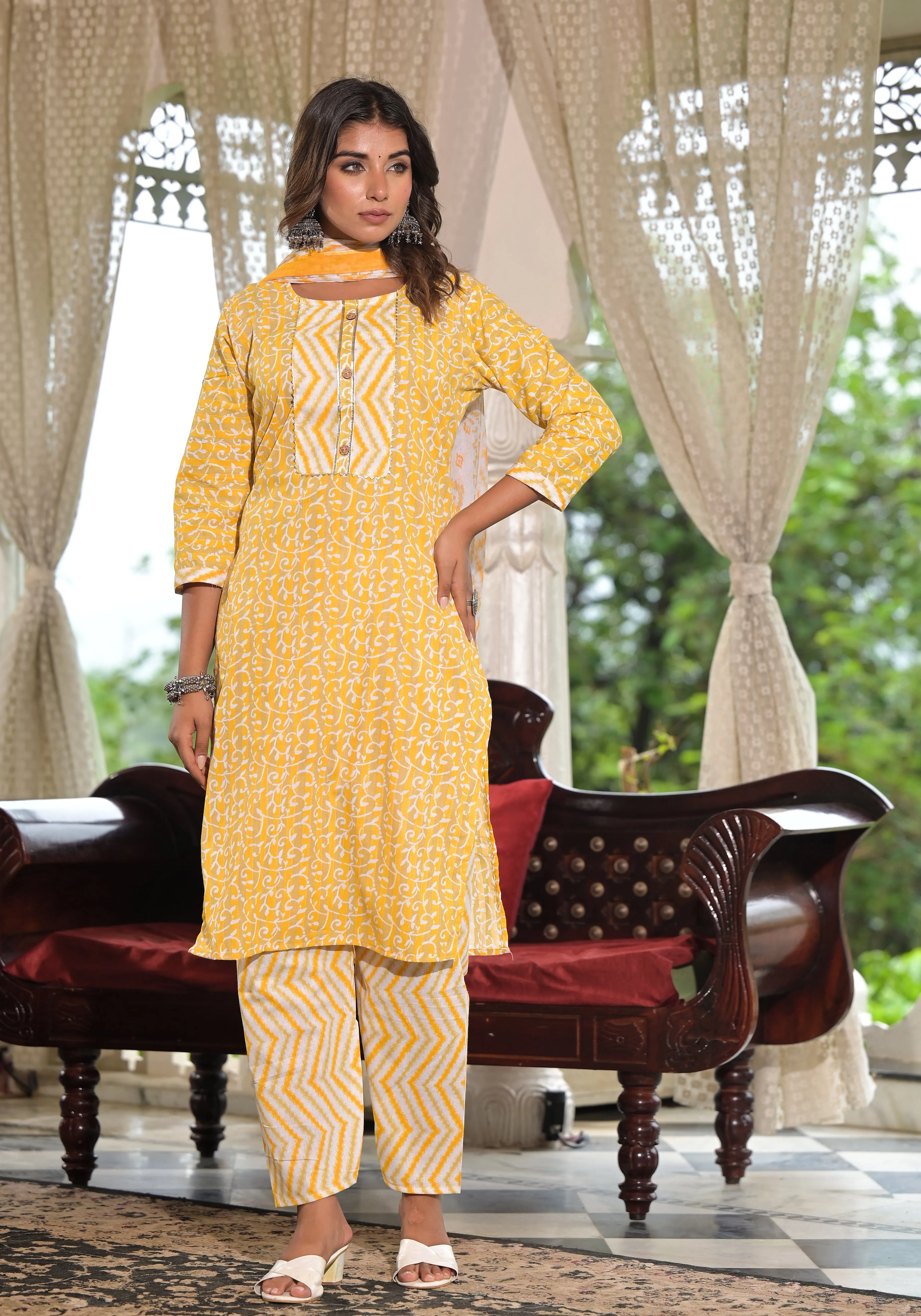 Jashvi Mustard Ethnic Motif Printed Cotton Kurta, Pant And Dupatta Set With Lace & Buttons