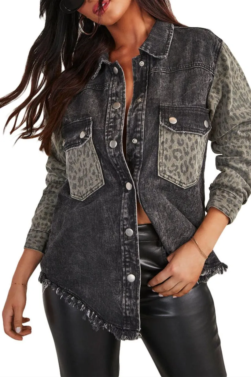 Leopard Denim Patchwork Raw Hem Jacket