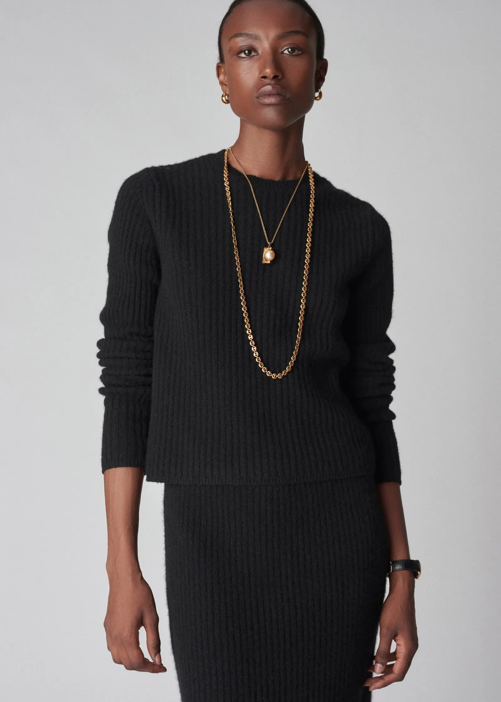 Long Sleeve Sweater Top in Tweed Knit - Black