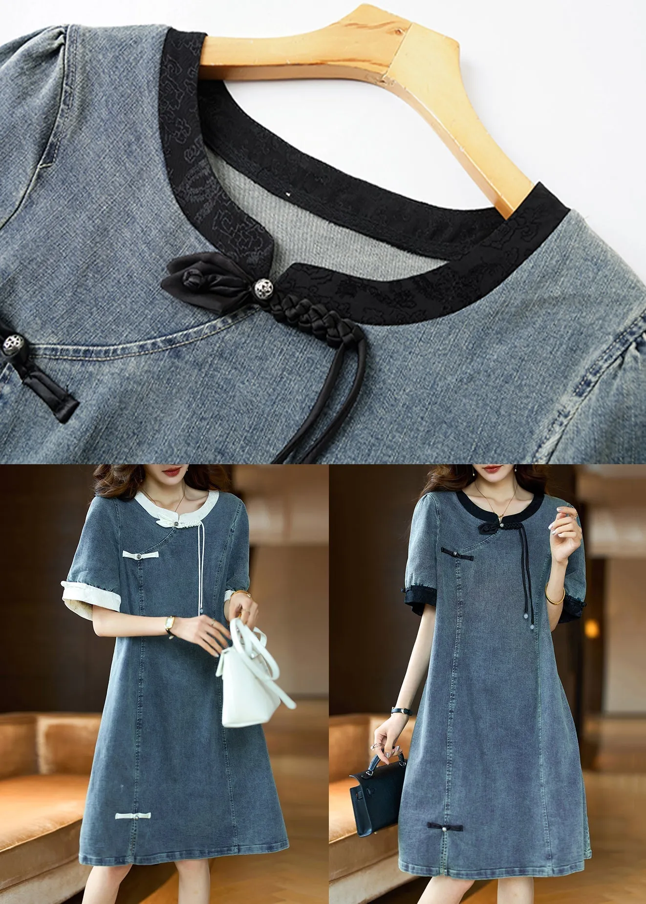 Loose Black O Neck Button Patchwork Denim Dress Summer AH349