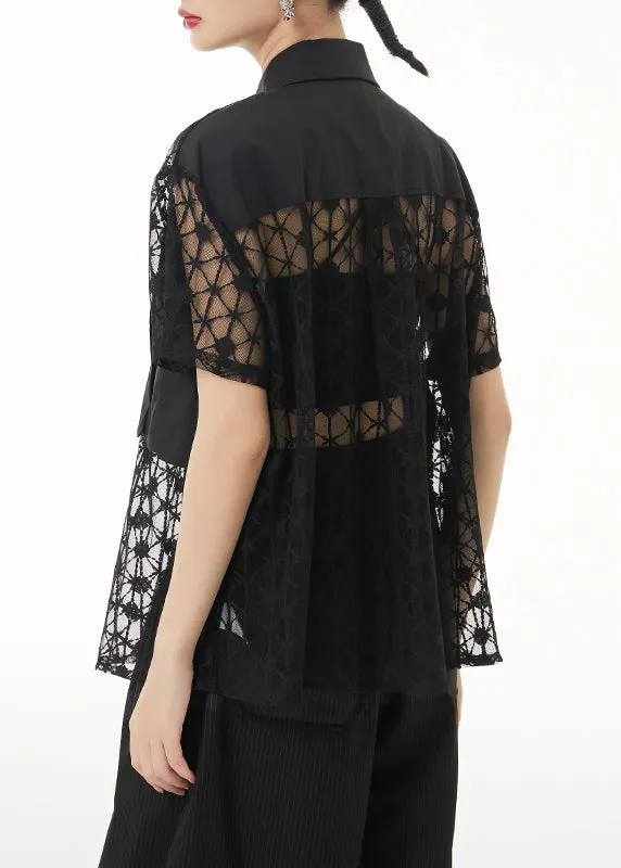 Loose Black Peter Pan Collar Hollow Out Lace Patchwork Shirts Summer LY9518