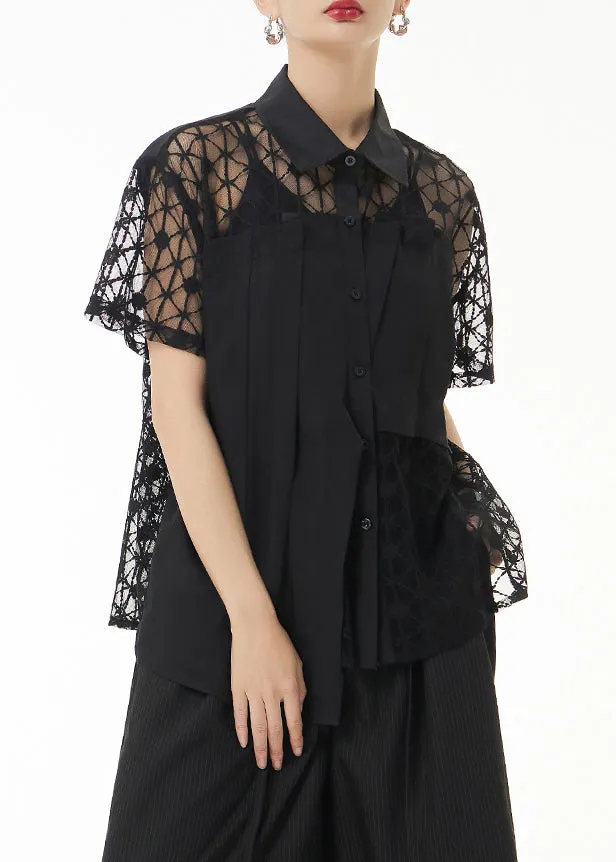 Loose Black Peter Pan Collar Hollow Out Lace Patchwork Shirts Summer LY9518