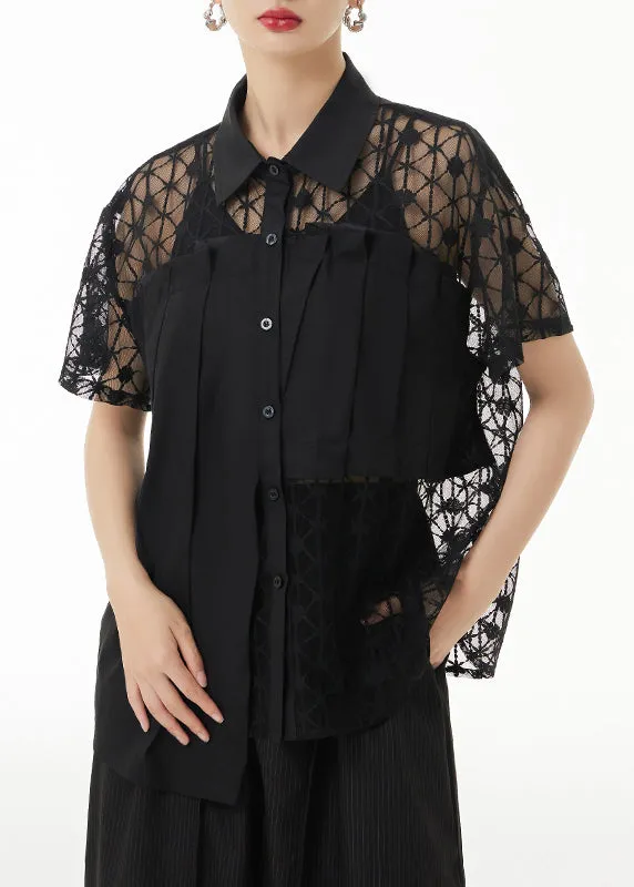 Loose Black Peter Pan Collar Hollow Out Lace Patchwork Shirts Summer LY9518