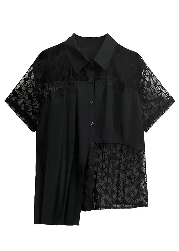 Loose Black Peter Pan Collar Hollow Out Lace Patchwork Shirts Summer LY9518