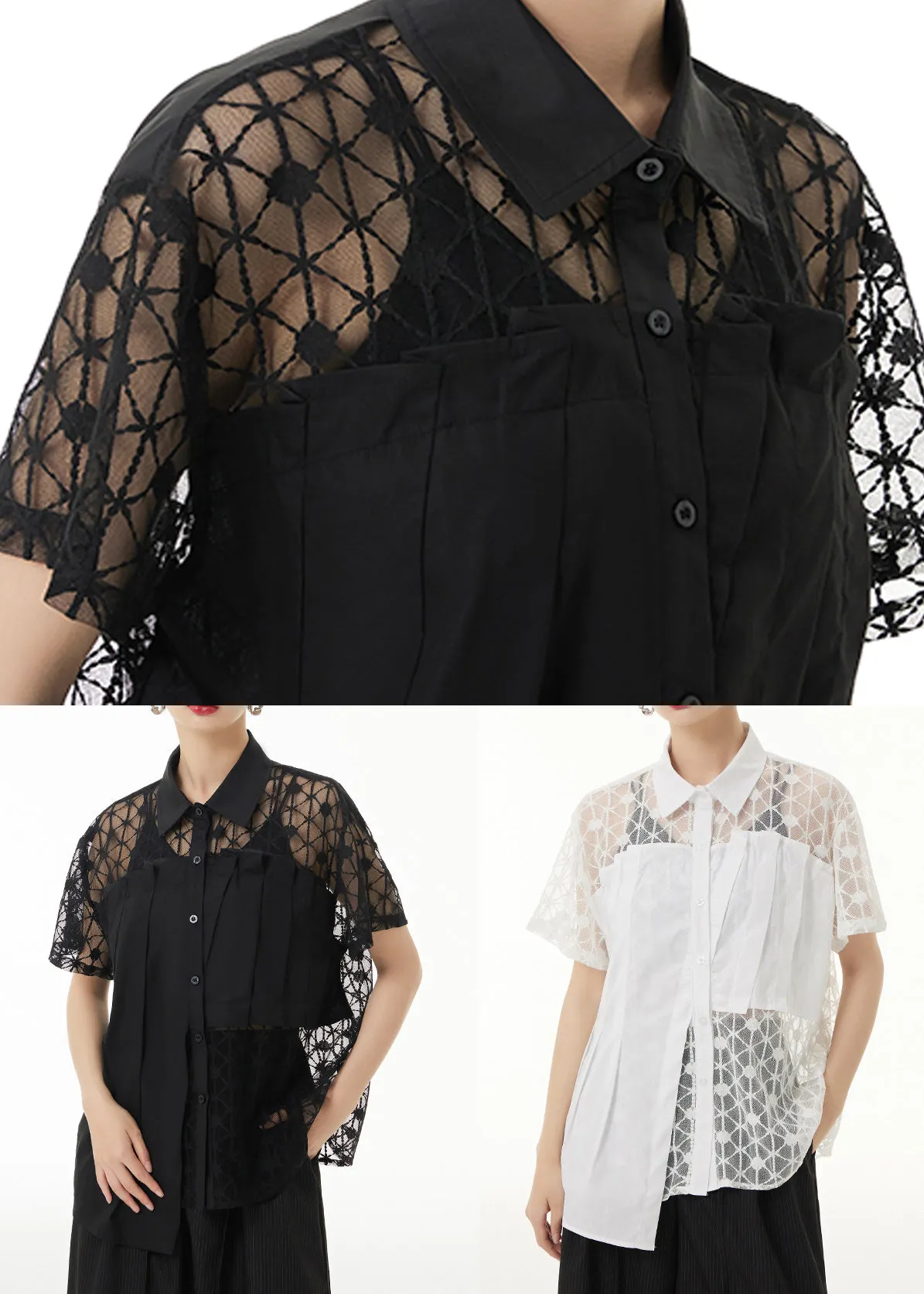 Loose Black Peter Pan Collar Hollow Out Lace Patchwork Shirts Summer LY9518