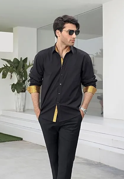 Men's Button Down Contrast Color Dress Shirt - BLACK & GOLD