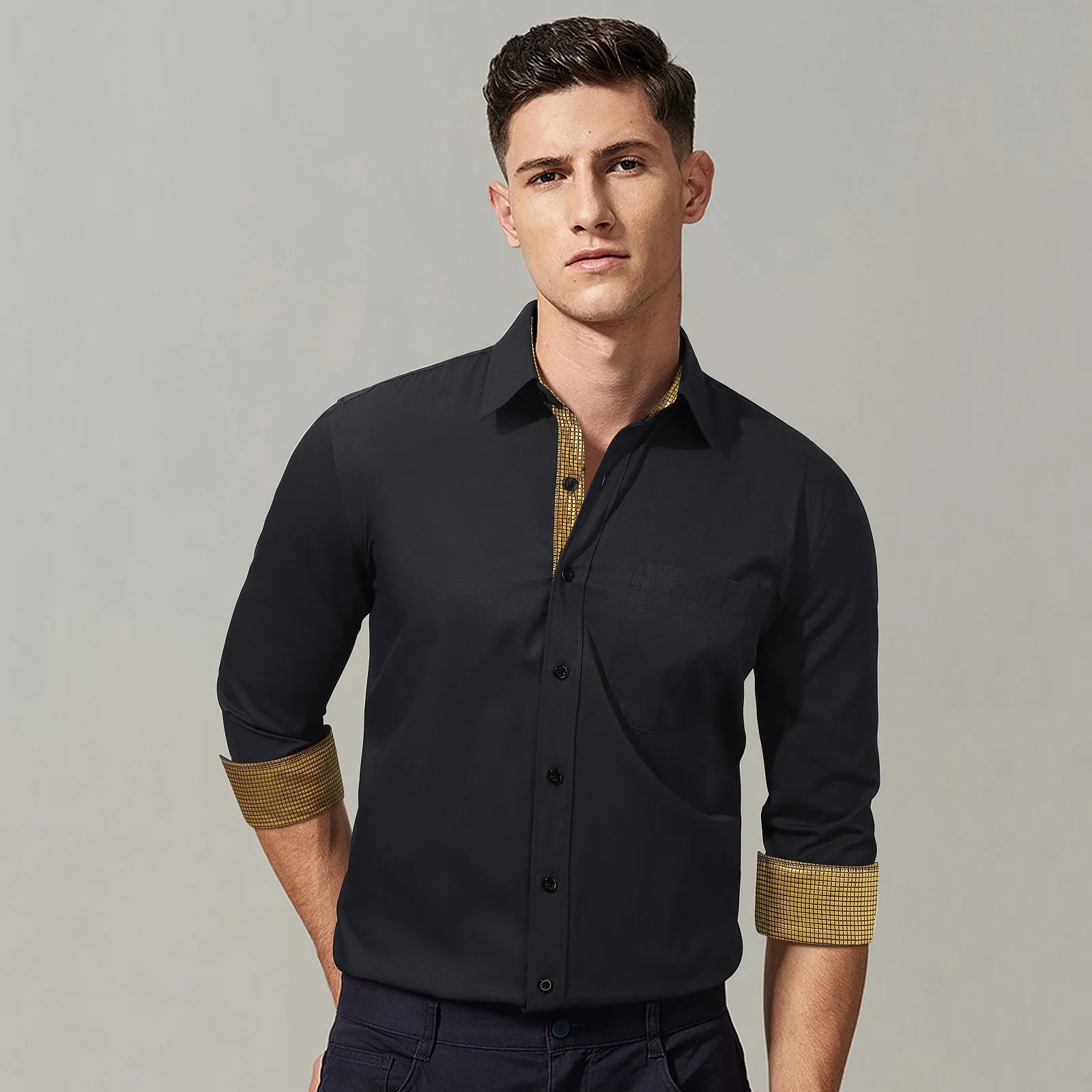 Men's Button Down Contrast Color Dress Shirt - BLACK & GOLD