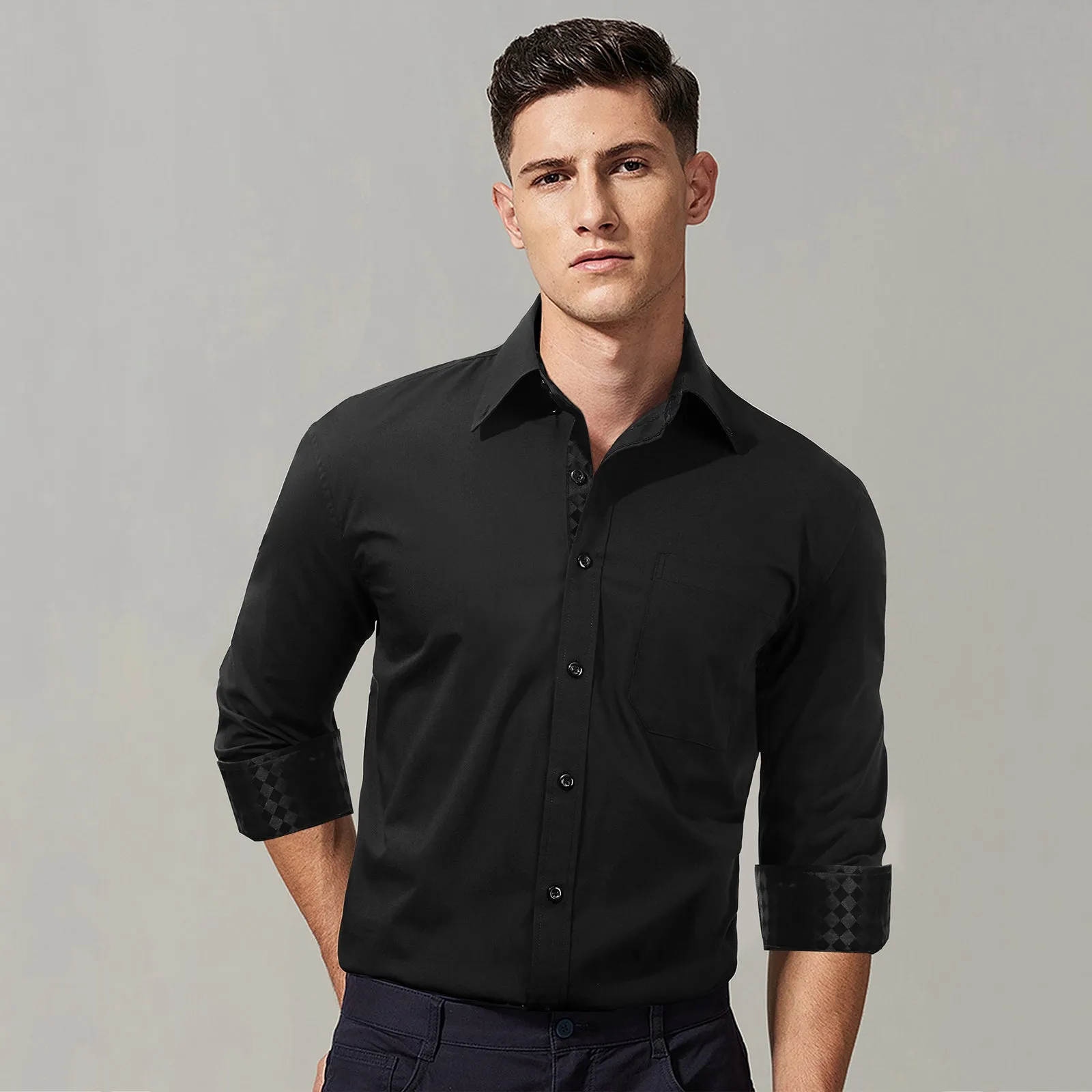 Men's Patchwork Dress Shirt with Pocket - 02-BLACK