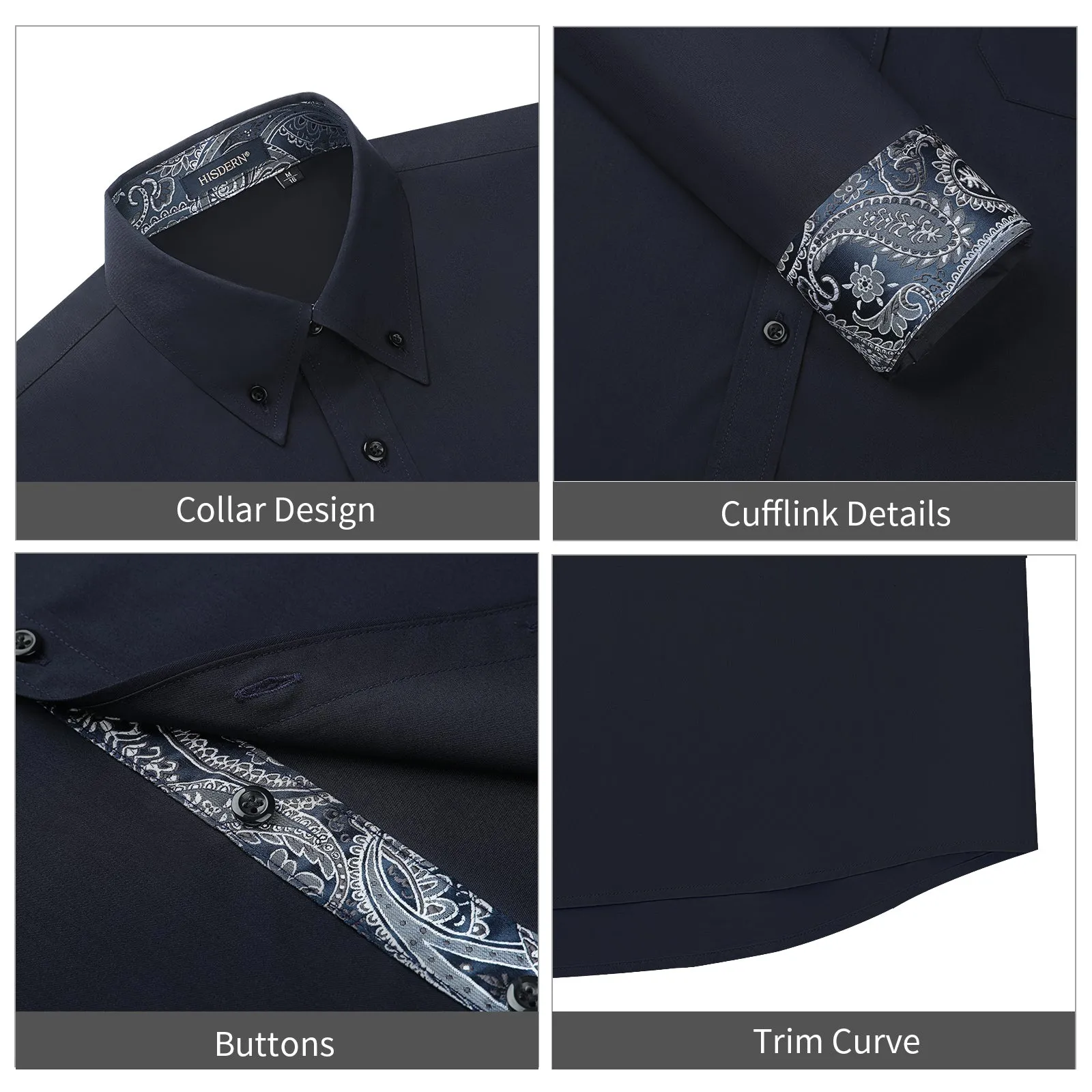 Men's Patchwork Dress Shirt with Pocket - 16-NAVY BLUE/PAISLEY