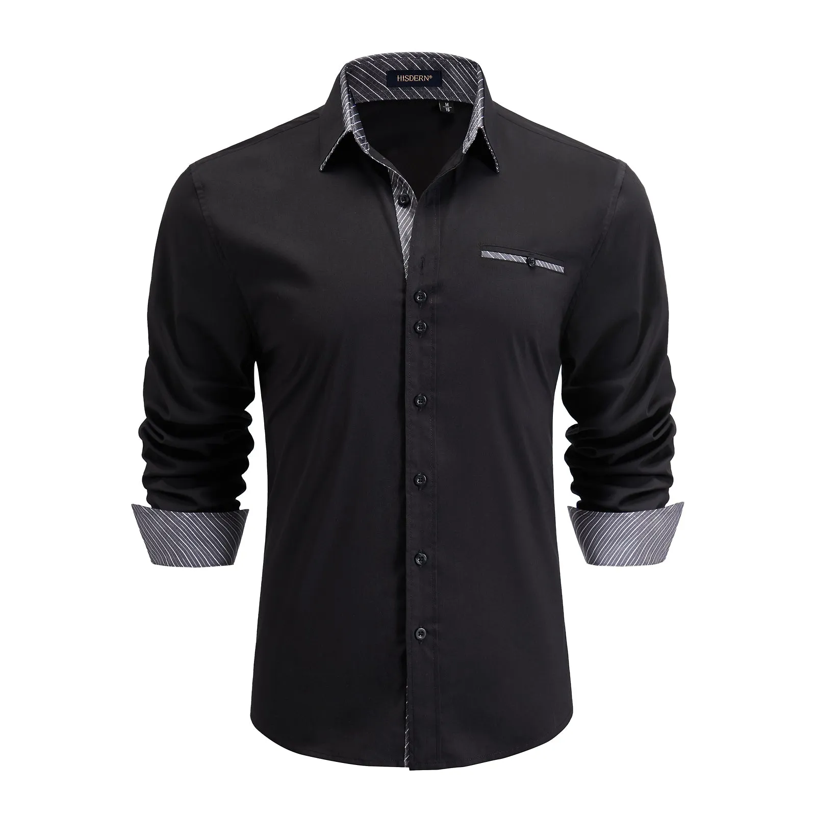 Men's Patchwork Dress Shirt with Pocket - A-01 BLACK GREY/STRIPED