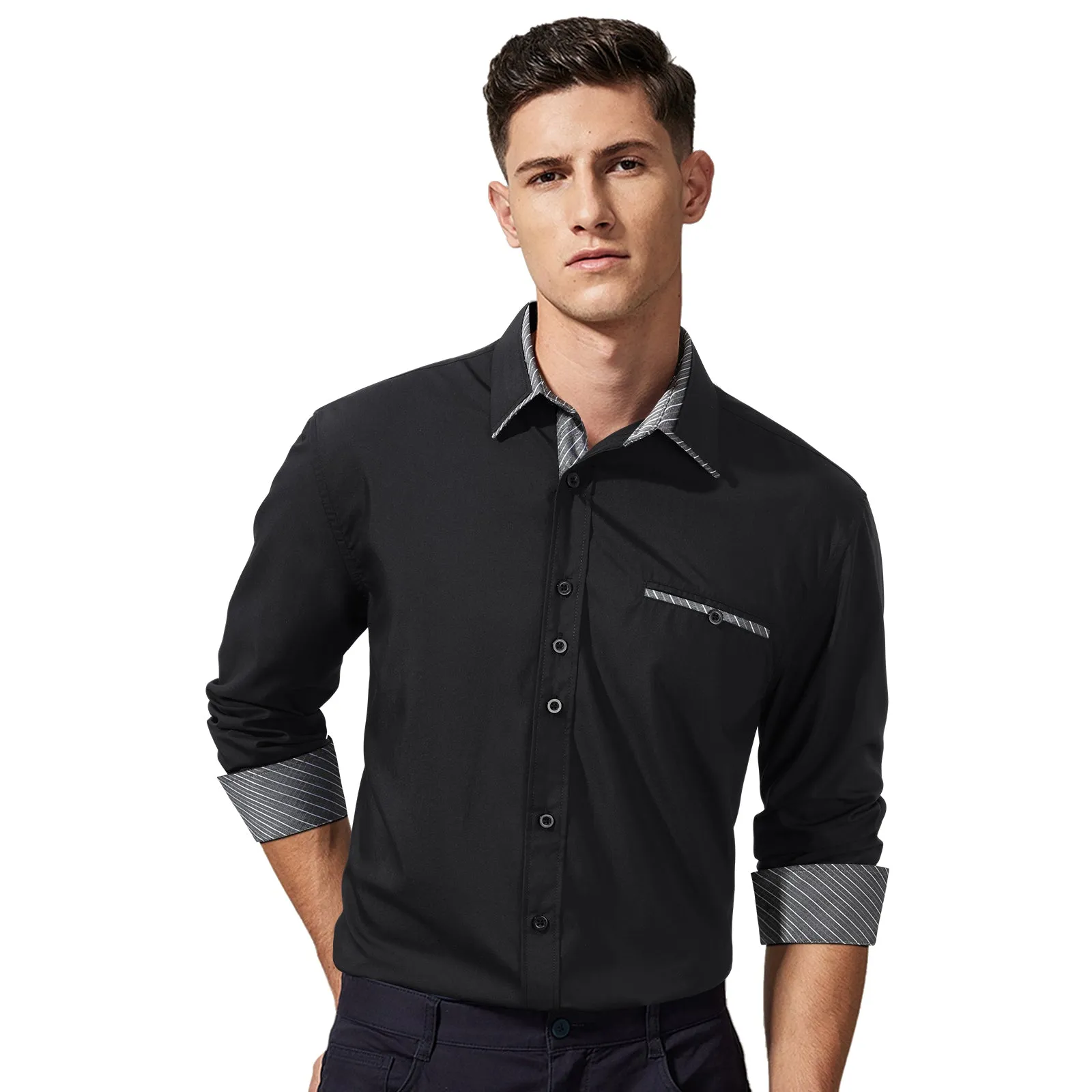 Men's Patchwork Dress Shirt with Pocket - A-01 BLACK GREY/STRIPED