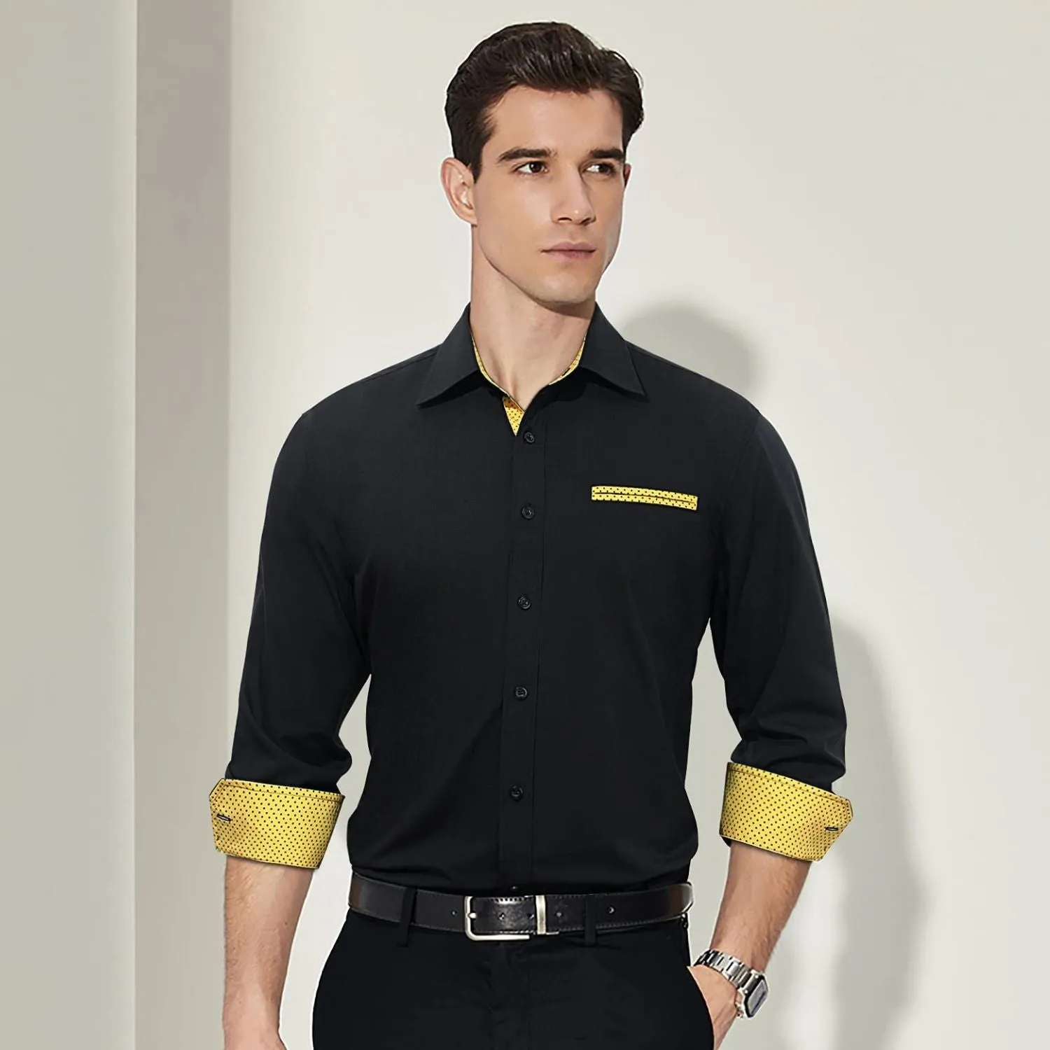 Men's Patchwork Dress Shirt with Pocket - A-BLACK/YELLOW