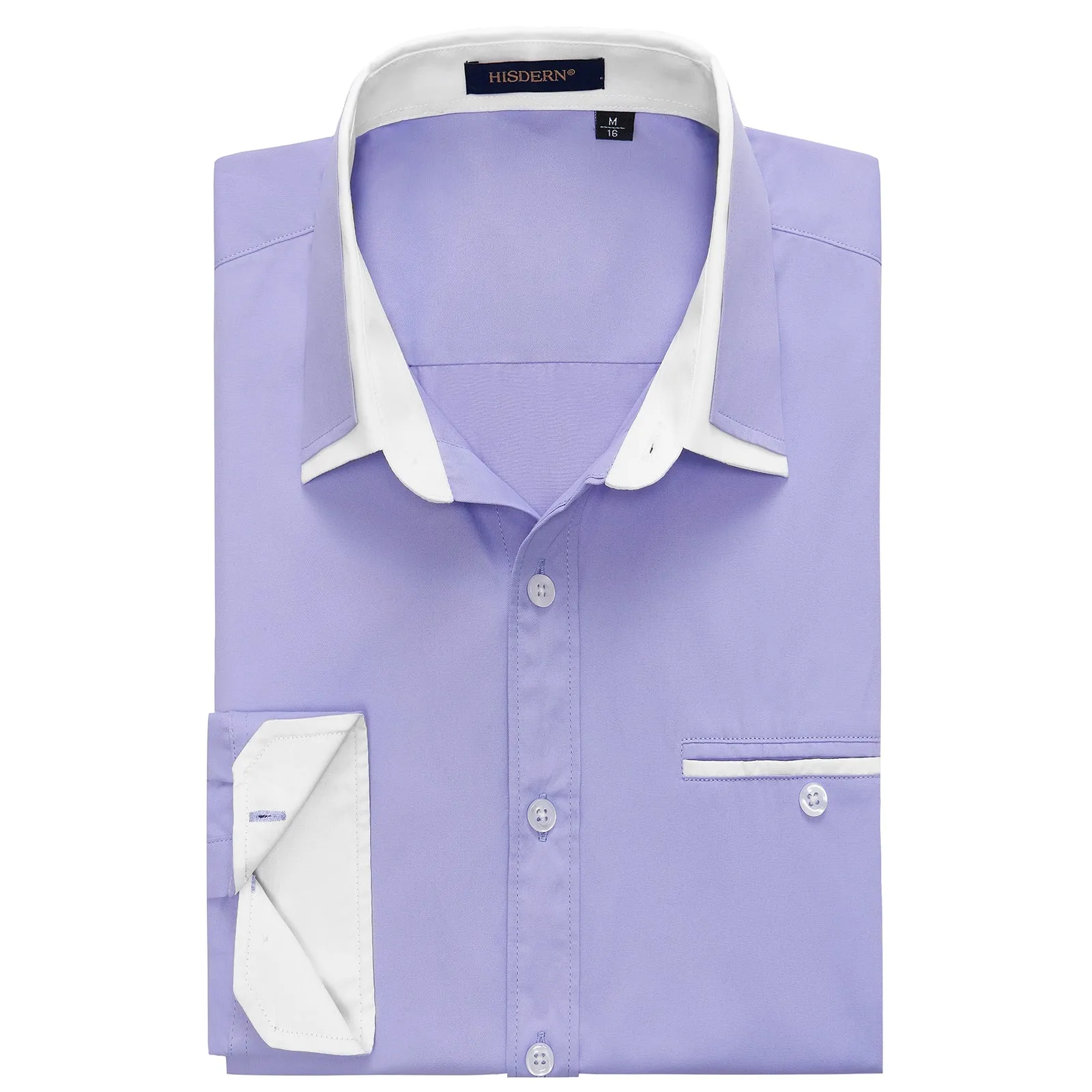 Men's Patchwork Dress Shirt with Pocket - PURPLE/WHITE