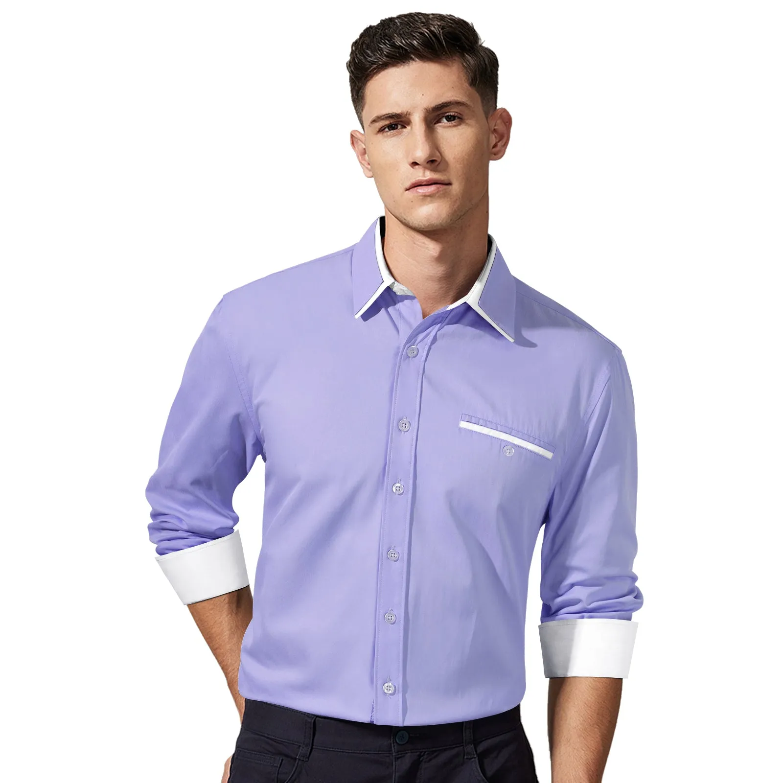 Men's Patchwork Dress Shirt with Pocket - PURPLE/WHITE