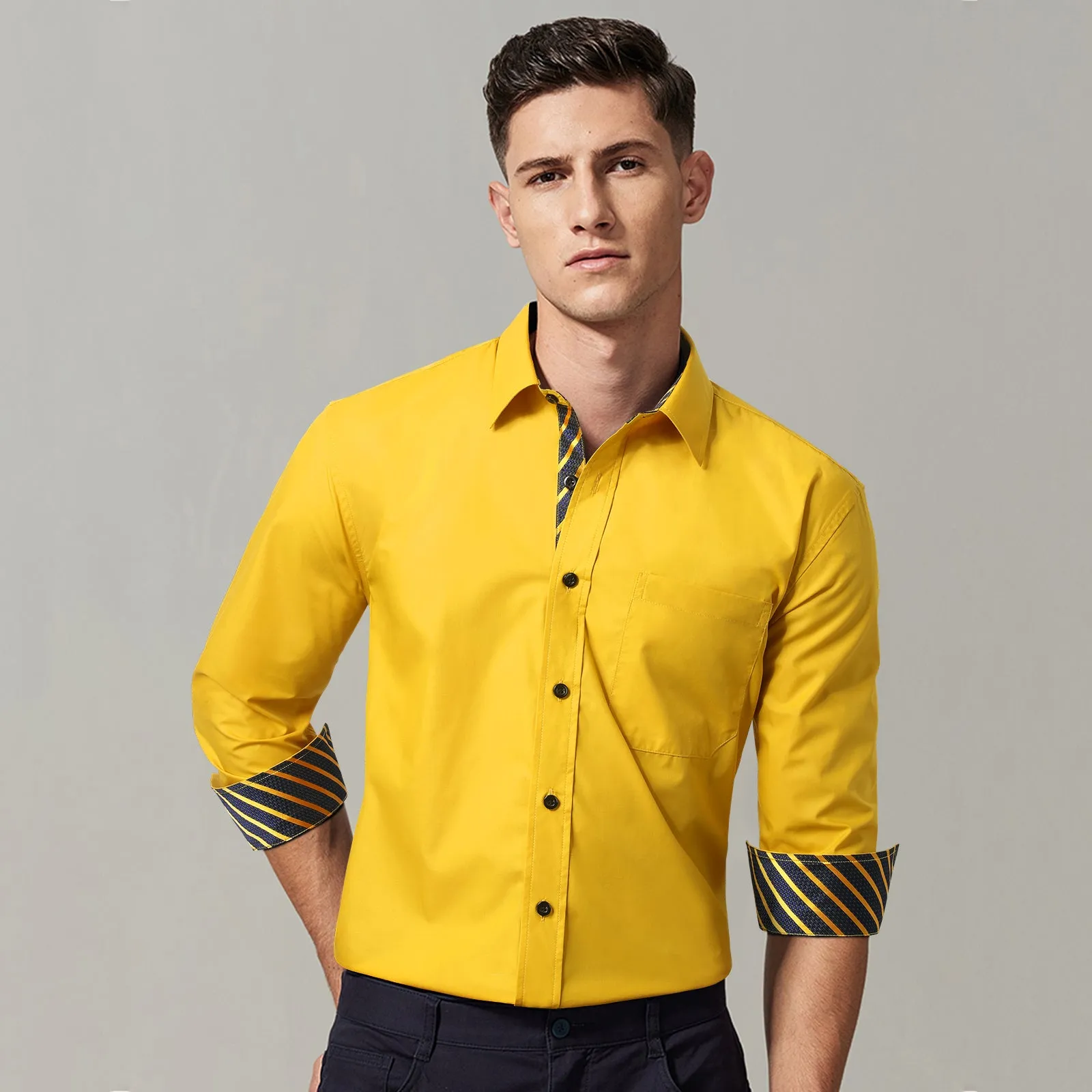 Men's Patchwork Dress Shirt with Pocket - YELOW/STRIPED