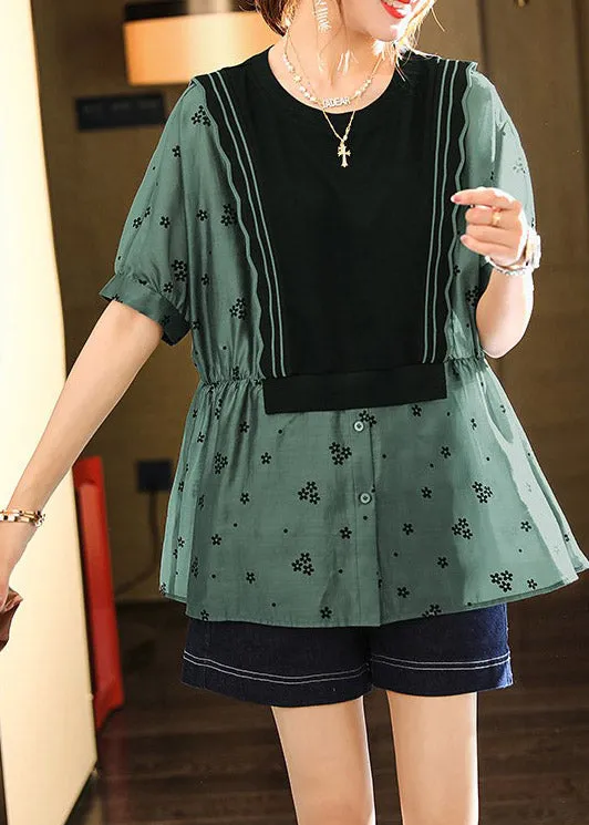 Modern Green O-Neck Print Patchwork Wrinkled Button Shirts Short Sleeve LY1495