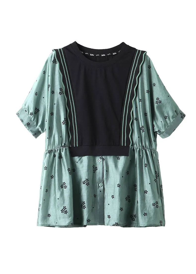 Modern Green O-Neck Print Patchwork Wrinkled Button Shirts Short Sleeve LY1495